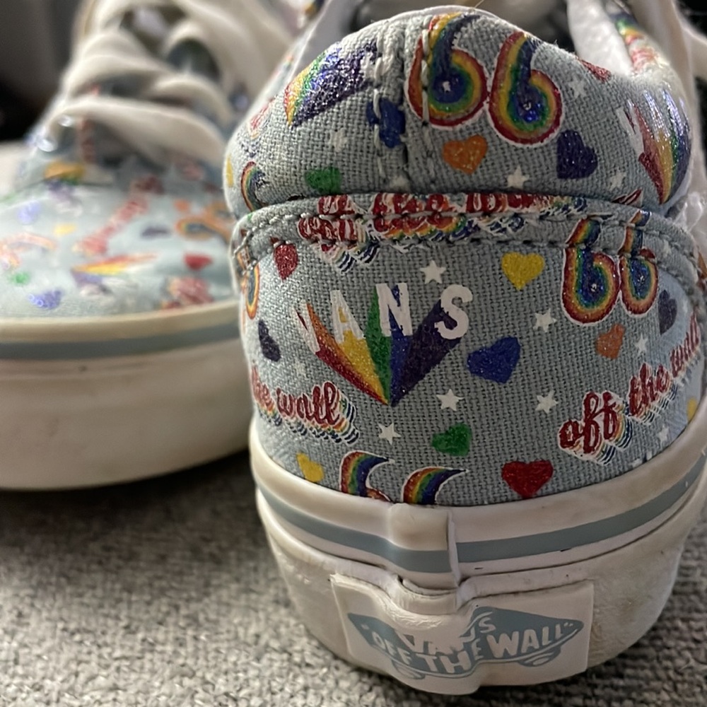 Kids Vans Size 12. Lightly worn. Light blue with rainbow designs.